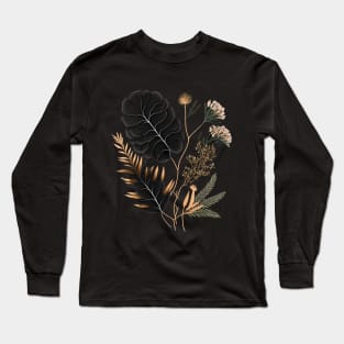 Black and Gold Elegant Botanical Illustration Long Sleeve T-Shirt